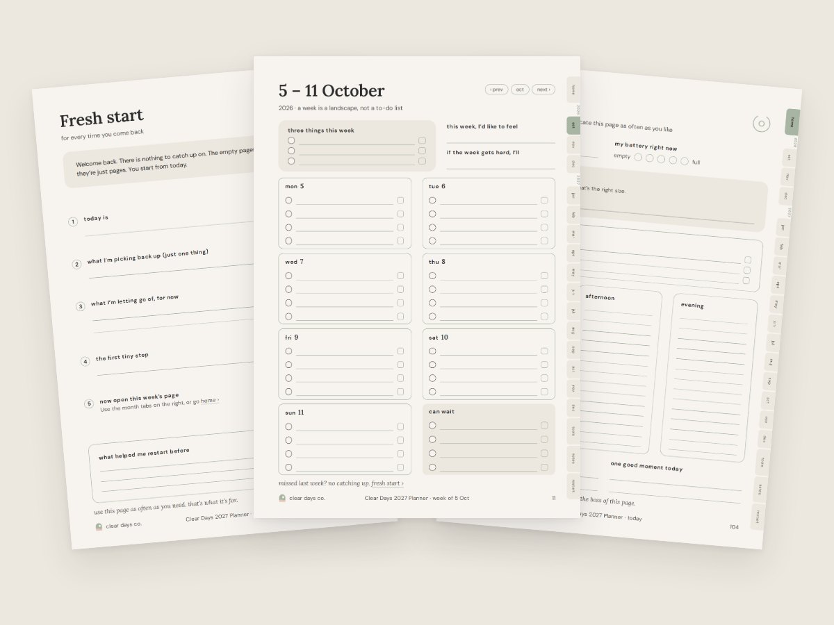 Calm printable pages from Clear Days Co.: a weekly page, a fresh start page and a today page