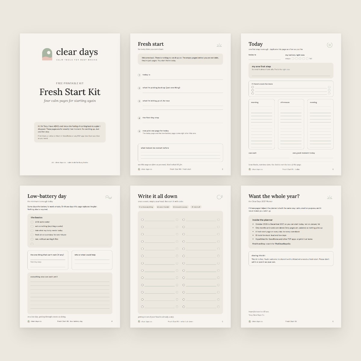 The Fresh Start Kit pages: cover, fresh start, today, low-battery day and write it all down